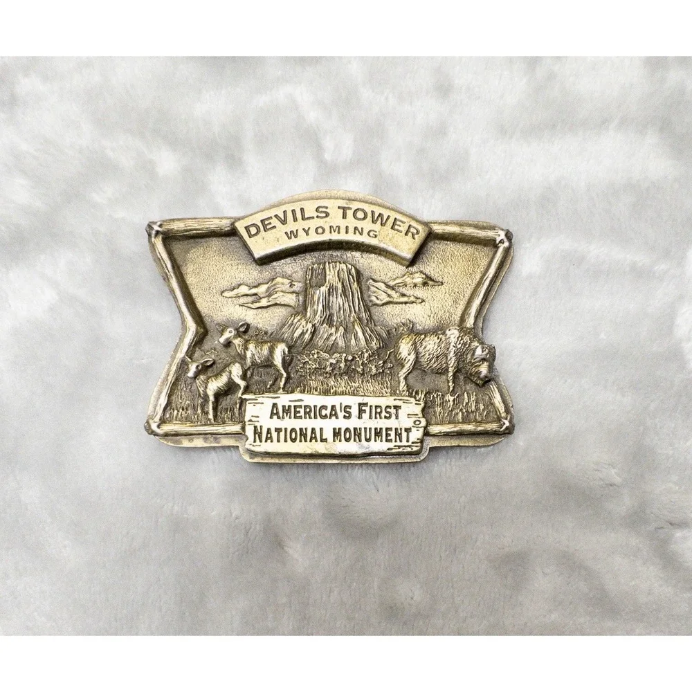 Vintage 1997 Devils Tower Wyoming Gold Western Belt Buckle Made In USA
